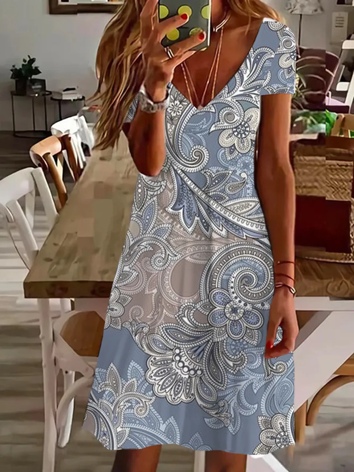 Women's Short Sleeve Summer Floral Printing Dress V Neck Daily Going Out Casual Knee Length T-Shirt Dress H-Line Dress