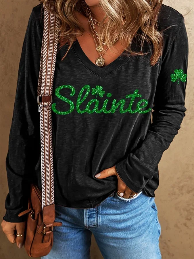 Women's Long Sleeve Tee T-shirt Spring/Fall Text Letters Printing V Neck Casual Top