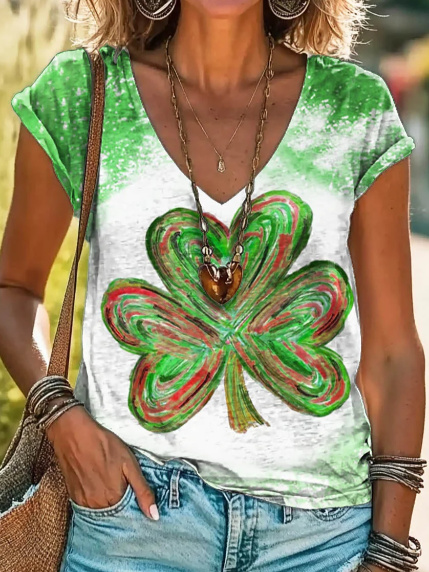 Women's Shamrock Ombre Short Sleeve Tee T-shirt V Neck Casual Summer Top