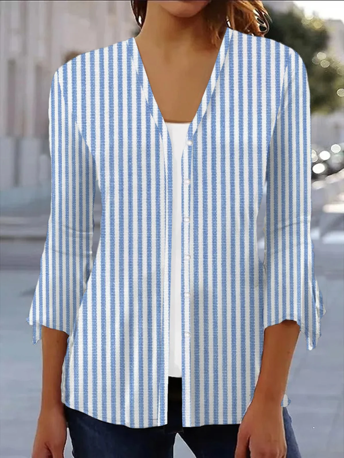 Women's Spring/Fall Cover-up Casual Striped Printing Lightweight Cardigan