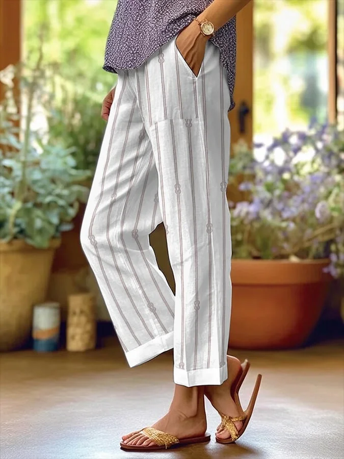 Women's Trousers Straight Pants Daily Going Out Casual Printing Linen Blend Striped Spring/Fall Pants