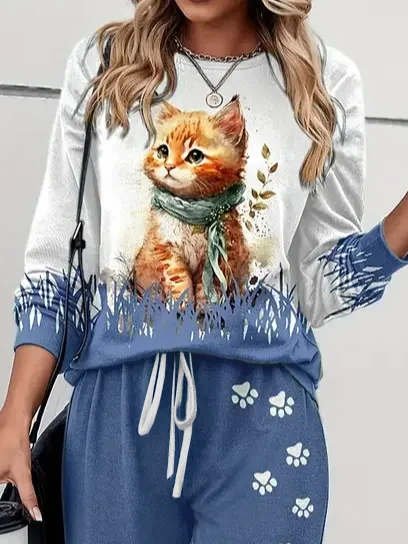 Women's Printing Cat Daily Going Out Two Piece Set Long Sleeve Casual Spring/Fall Top With Pants Matching Set