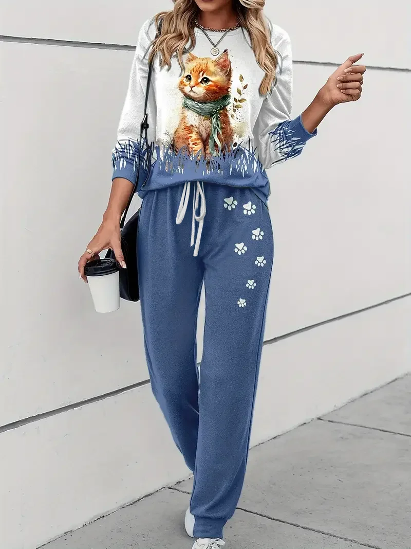 Women's Printing Cat Daily Going Out Two Piece Set Long Sleeve Casual Spring/Fall Top With Pants Matching Set