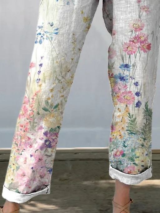 Women's Trousers Straight Pants Daily Going Out Casual Printing Linen Blend Floral Spring/Fall Pants