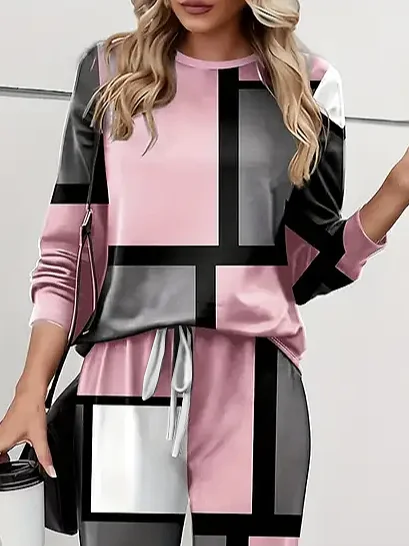 Women's Printing Color Block Daily Going Out Two Piece Set Long Sleeve Casual Spring/Fall Top With Pants Matching Set