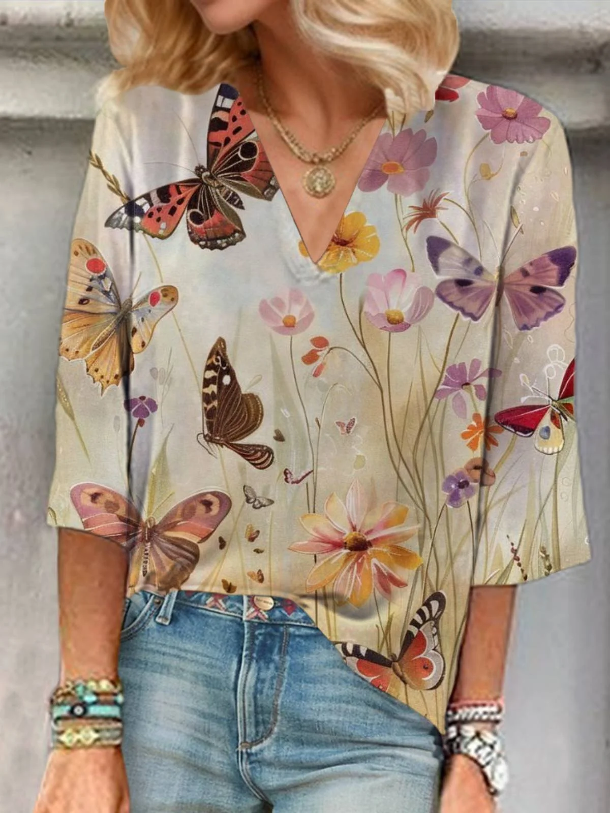 Women's Three Quarter Sleeve Blouse Spring/Fall Floral Printing V Neck Daily Going Out Casual Top