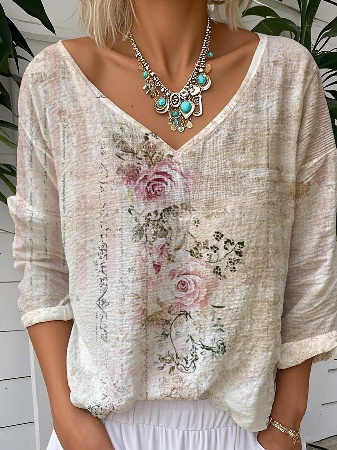 Women's Floral Long Sleeve Tee T-shirt Spring/Fall 3D Printing V Neck Vintage Top