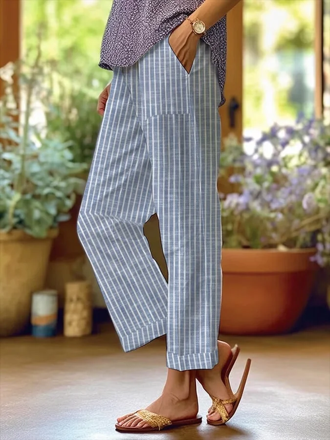 Women's Trousers Straight Pants Daily Going Out Casual Printing Linen Blend Striped Spring/Fall Pants