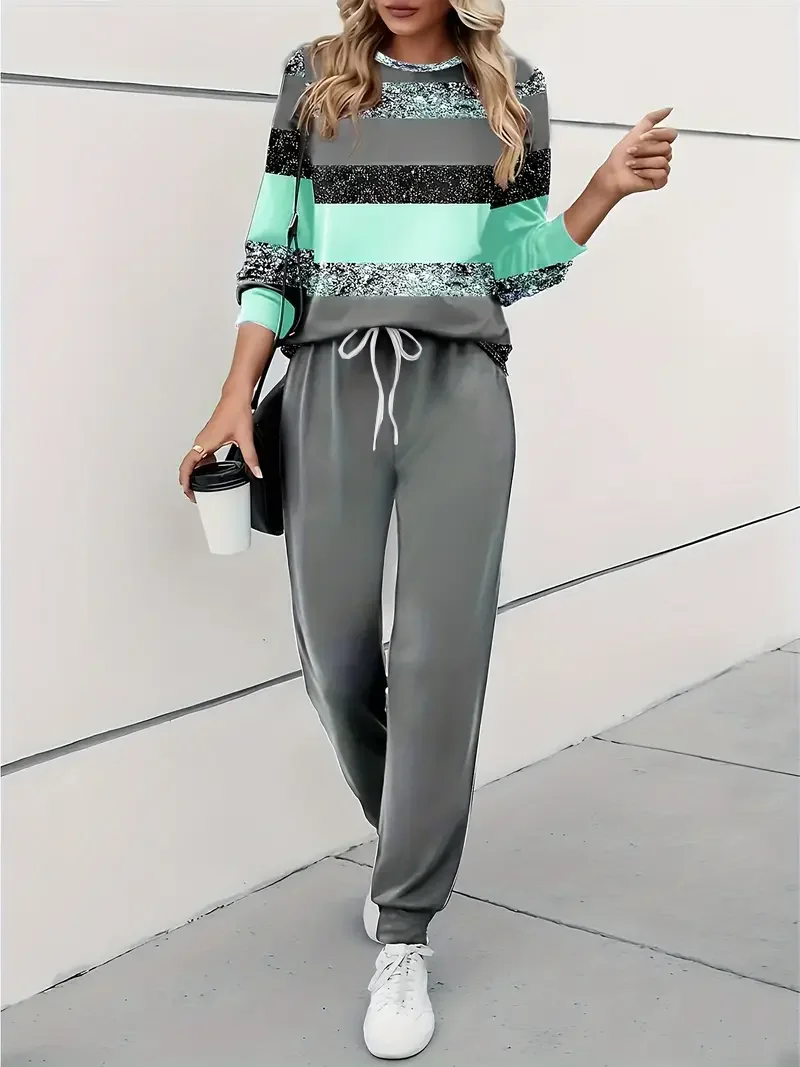 Women's Printing Striped Daily Going Out Two Piece Set Long Sleeve Casual Spring/Fall Top With Pants Matching Set