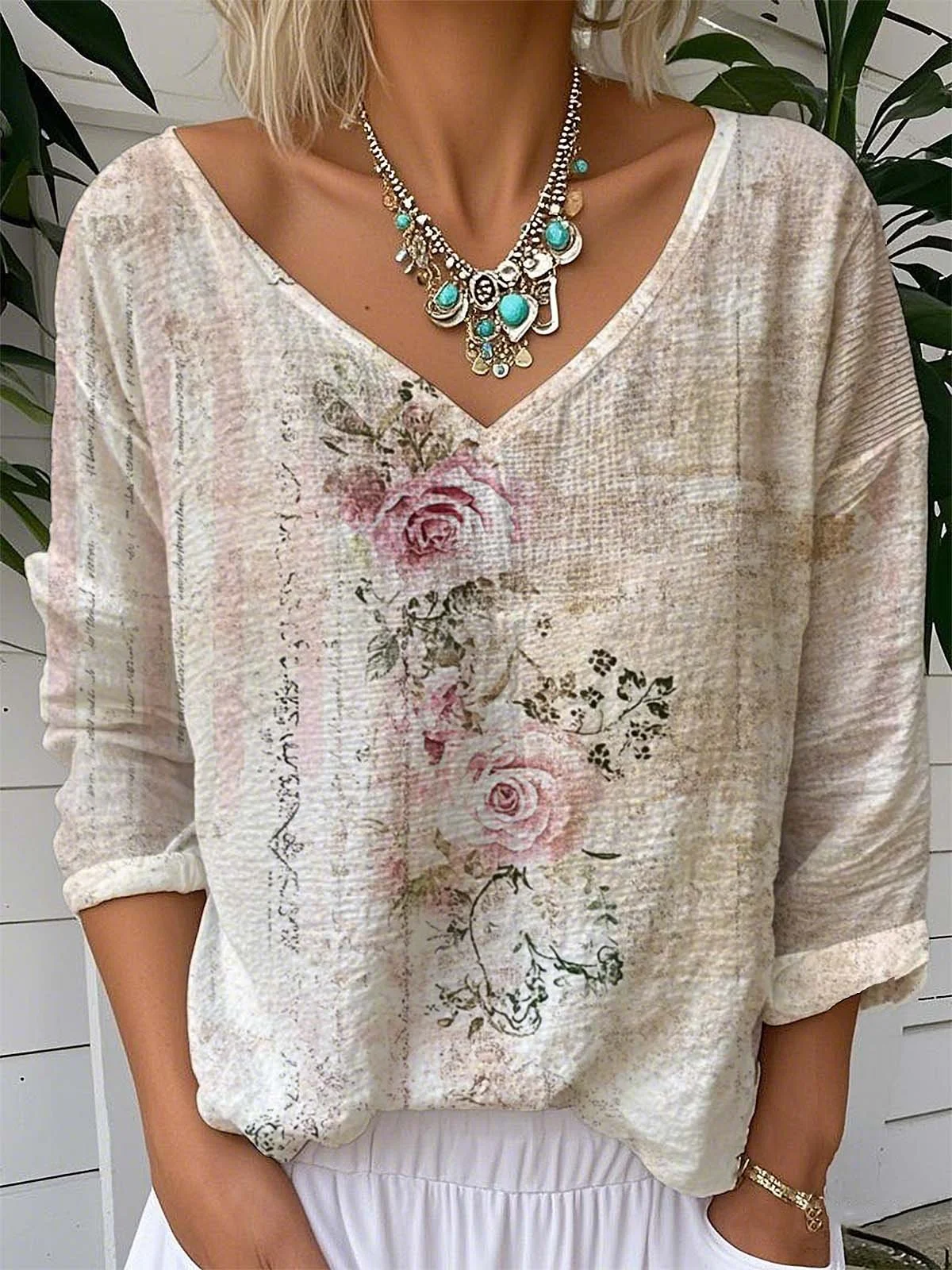 Women's Floral Long Sleeve Tee T-shirt Spring/Fall 3D Printing V Neck Vintage Top