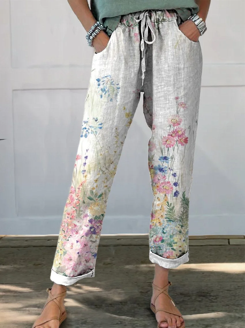 Women's Trousers Straight Pants Daily Going Out Casual Printing Linen Blend Floral Spring/Fall Pants