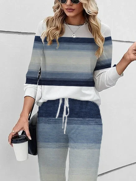 Women's Printing Striped Daily Going Out Two Piece Set Long Sleeve Casual Spring/Fall Top With Pants Matching Set