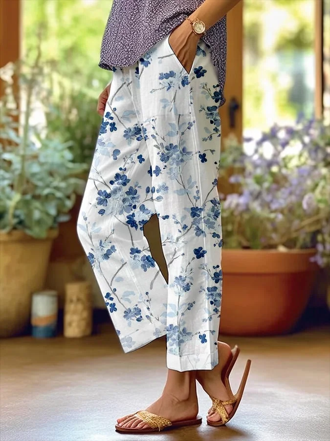 Women's Trousers Straight Pants Daily Going Out Casual Printing Linen Blend Floral Spring/Fall Pants