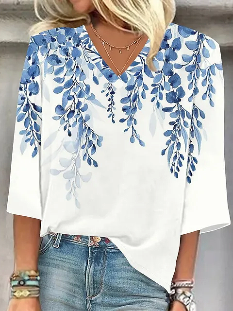 Women's Three Quarter Sleeve Blouse Spring/Fall Floral Printing V Neck Daily Going Out Casual Top