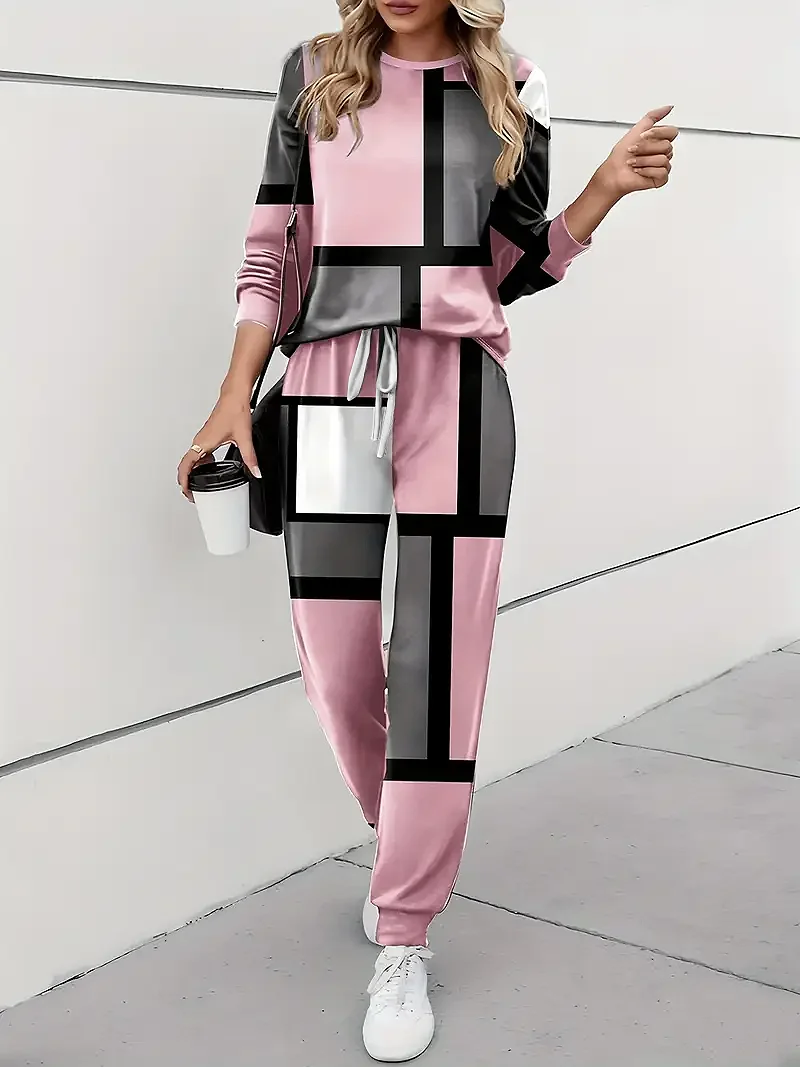 Women's Printing Color Block Daily Going Out Two Piece Set Long Sleeve Casual Spring/Fall Top With Pants Matching Set