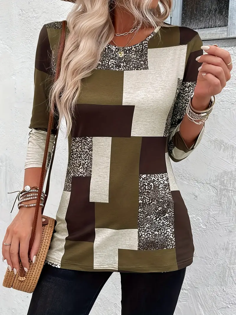 Women's Long Sleeve Tee T-shirt Spring/Fall Geometric Printing Crew Neck Casual Graphic Tee Top