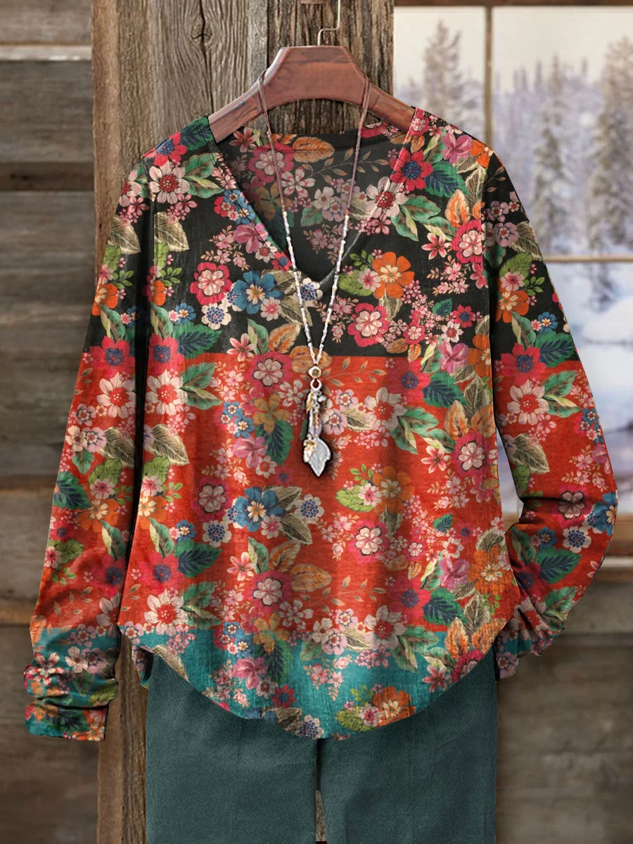 Women's Long Sleeve Tee T-shirt Spring/Fall Floral Printing V Neck Casual Graphic Tee Top