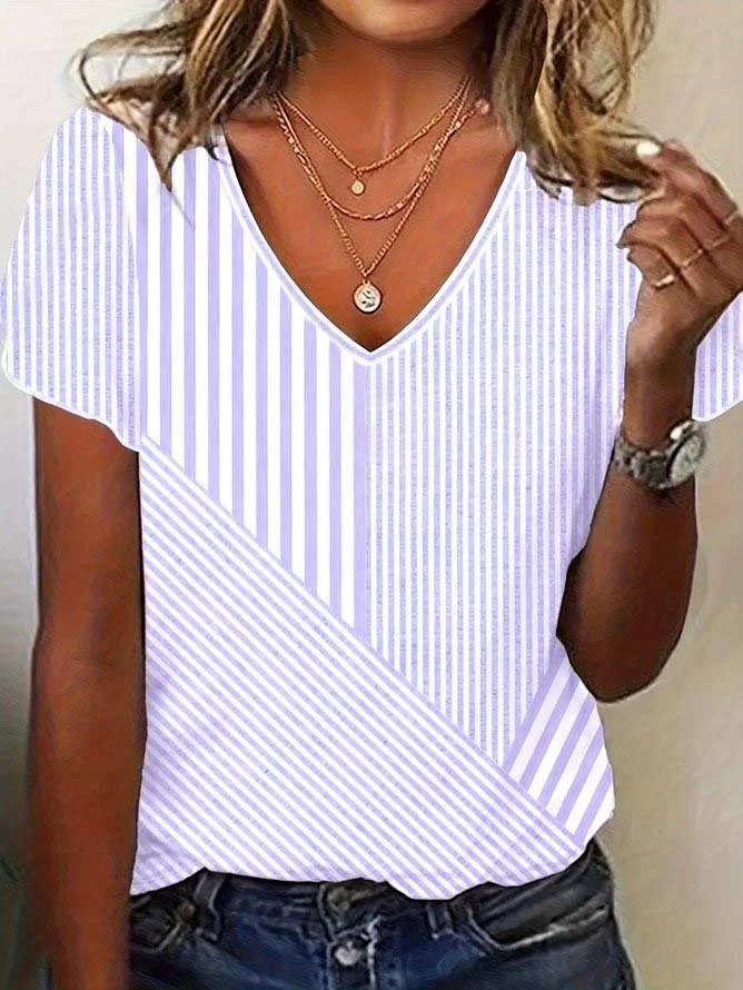 Women's Short Sleeve Tee T-shirt Summer Striped Jersey V Neck Holiday Going Out Vintage Top