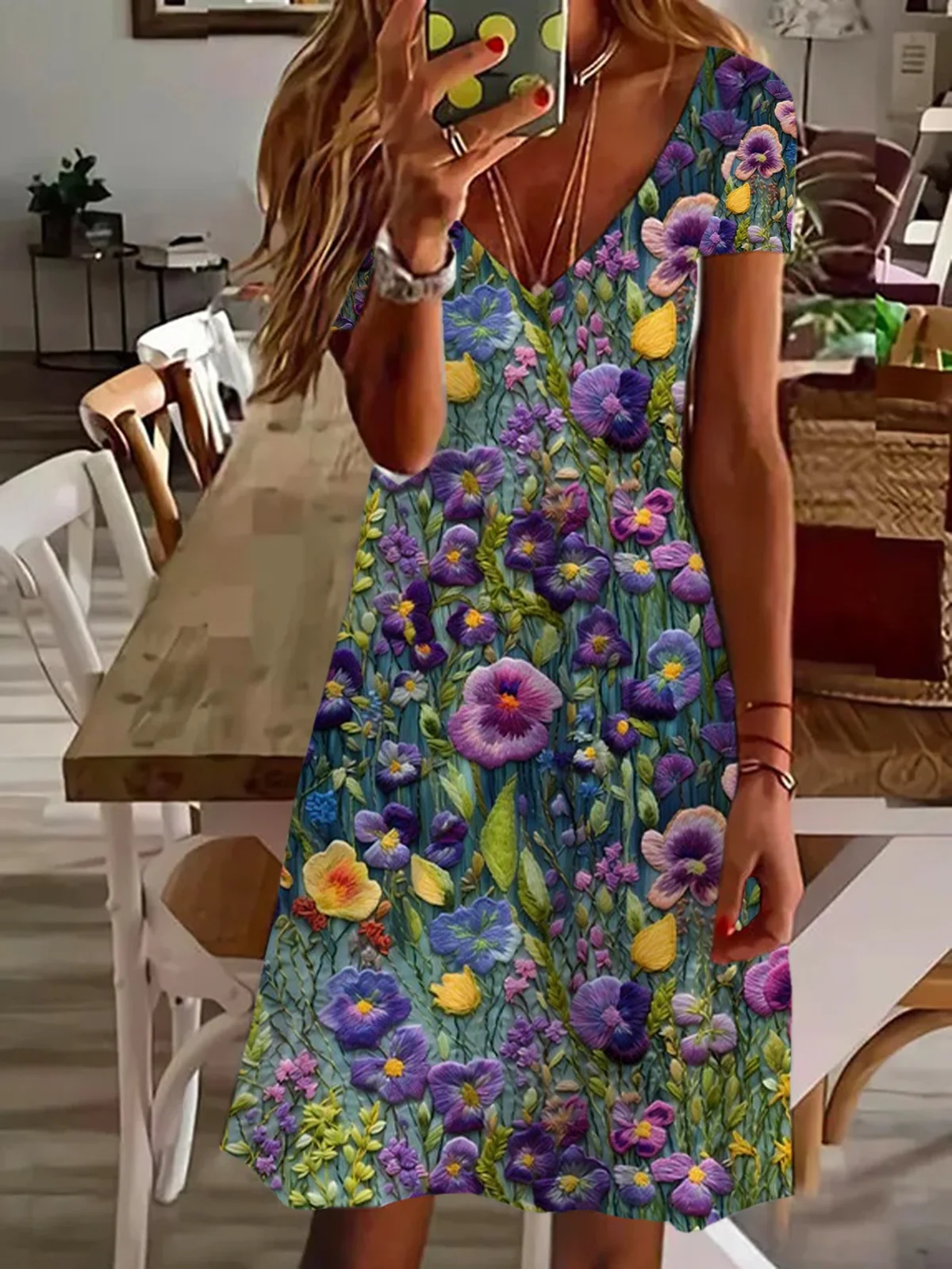 Women's Short Sleeve Summer Floral Printing Dress V Neck Daily Going Out Casual Knee Length T-Shirt Dress H-Line Dress