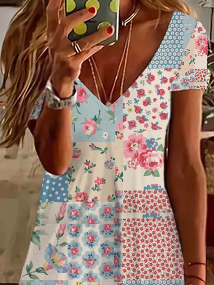 Women's Short Sleeve Summer Floral Printing Dress V Neck Daily Going Out Casual Knee Length T-Shirt Dress H-Line Dress