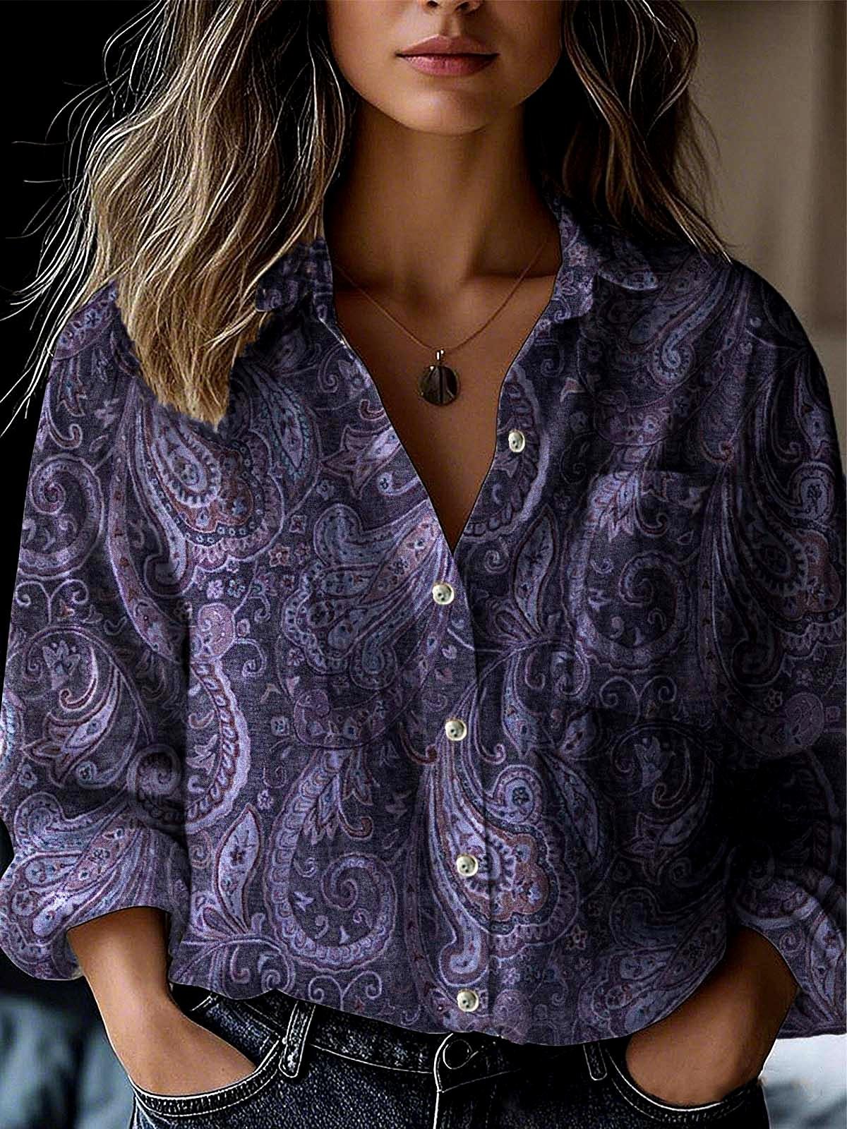 Women's Long Sleeve Shirt Spring/Fall Paisley Shawl Collar Daily Going Out Vintage Top