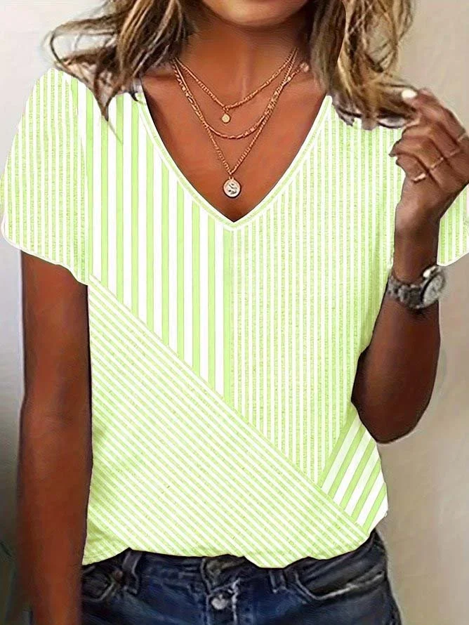 Women's Short Sleeve Tee T-shirt Summer Striped Jersey V Neck Holiday Going Out Vintage Top