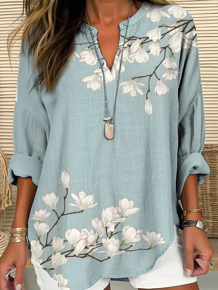 Women's Floral Long Sleeve Shirt Spring/Fall V Neck Daily Casual Top