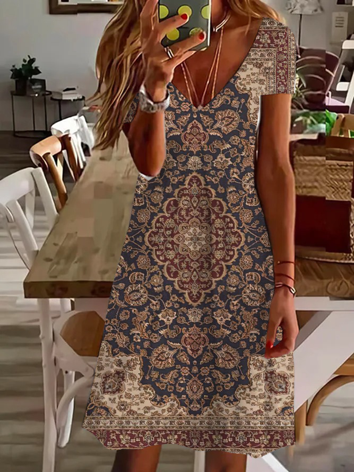 Women's Short Sleeve Summer Floral Printing Dress V Neck Daily Going Out Casual Knee Length T-Shirt Dress H-Line Dress