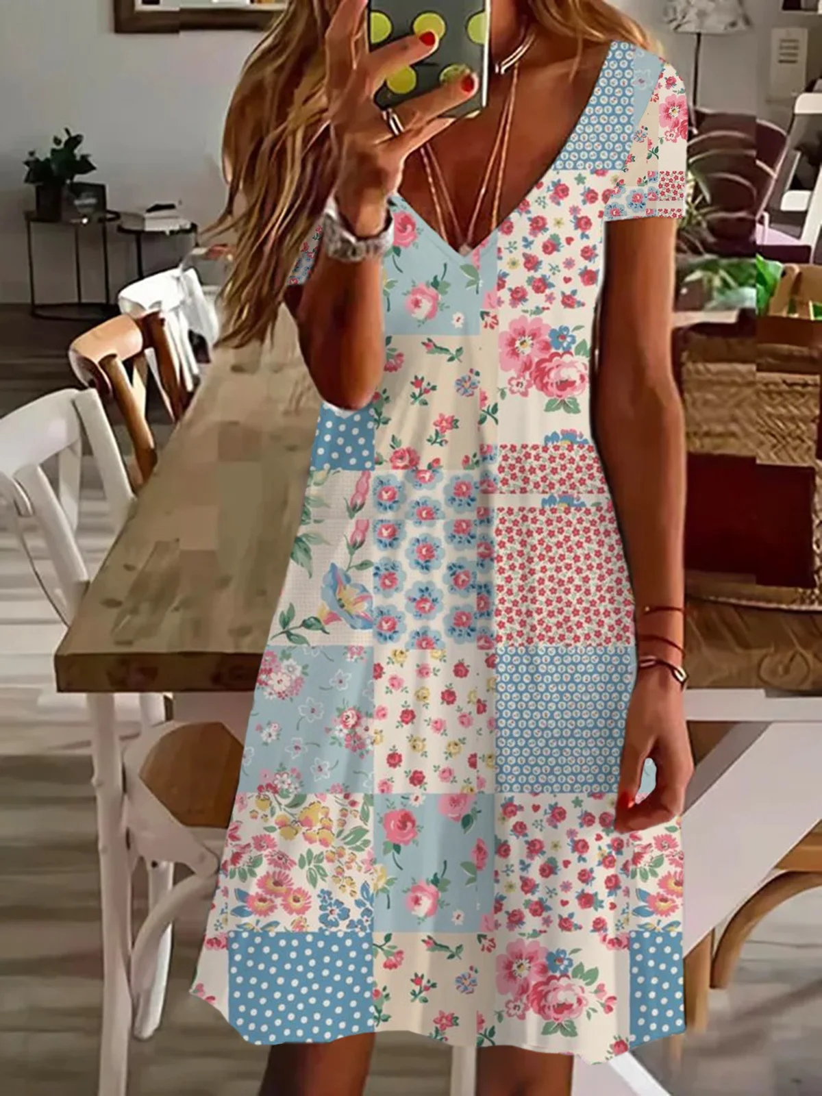 Women's Short Sleeve Summer Floral Printing Dress V Neck Daily Going Out Casual Knee Length T-Shirt Dress H-Line Dress