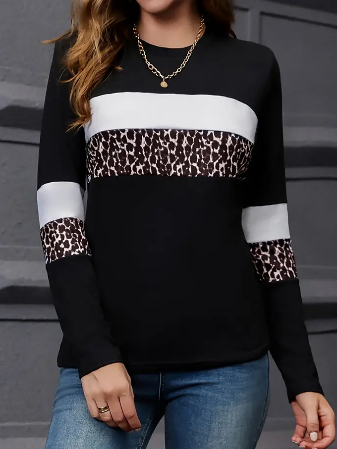 Women's Long Sleeve Tee T-shirt Spring/Fall Leopard Printing Crew Neck Casual Graphic Tee Top