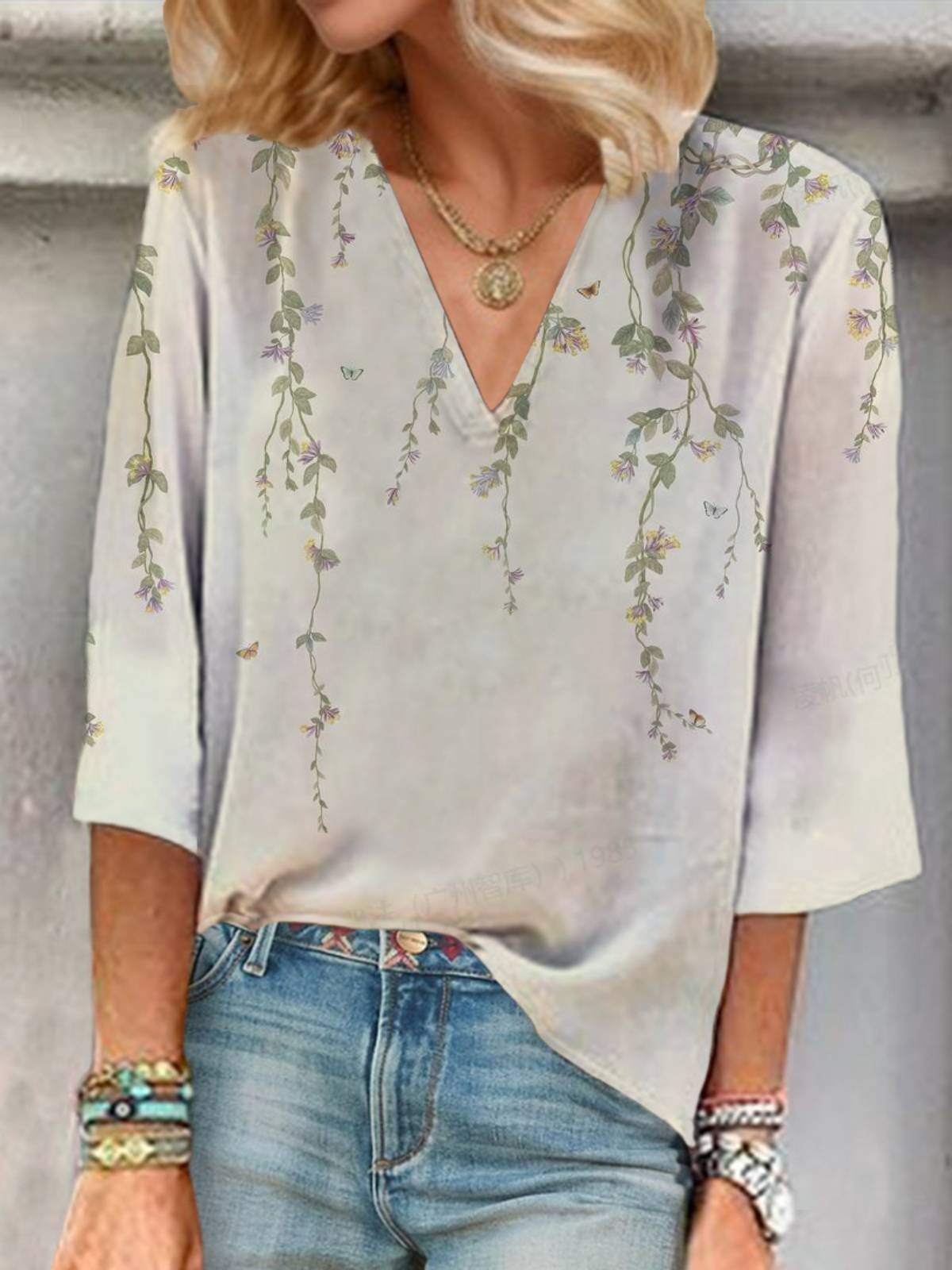 Women's Three Quarter Sleeve Blouse Spring/Fall Floral Printing V Neck Daily Going Out Casual Top