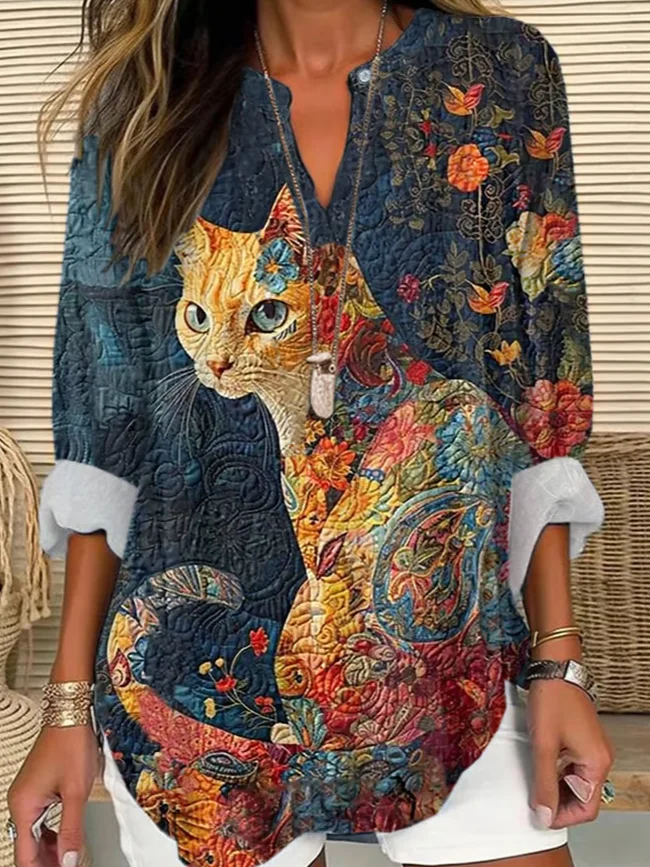 Women's Long Sleeve Shirt Spring/Fall Cat V Neck Daily Going Out Casual Top