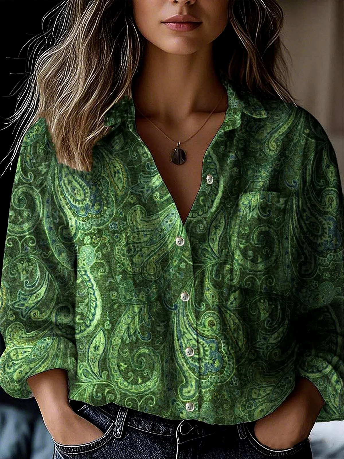 Women's Long Sleeve Shirt Spring/Fall Paisley Shawl Collar Daily Going Out Vintage Top