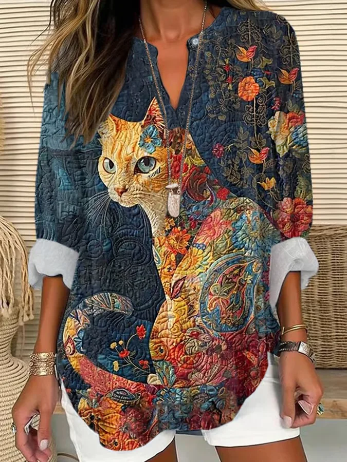 Women's Long Sleeve Shirt Spring/Fall Cat V Neck Daily Going Out Casual Top