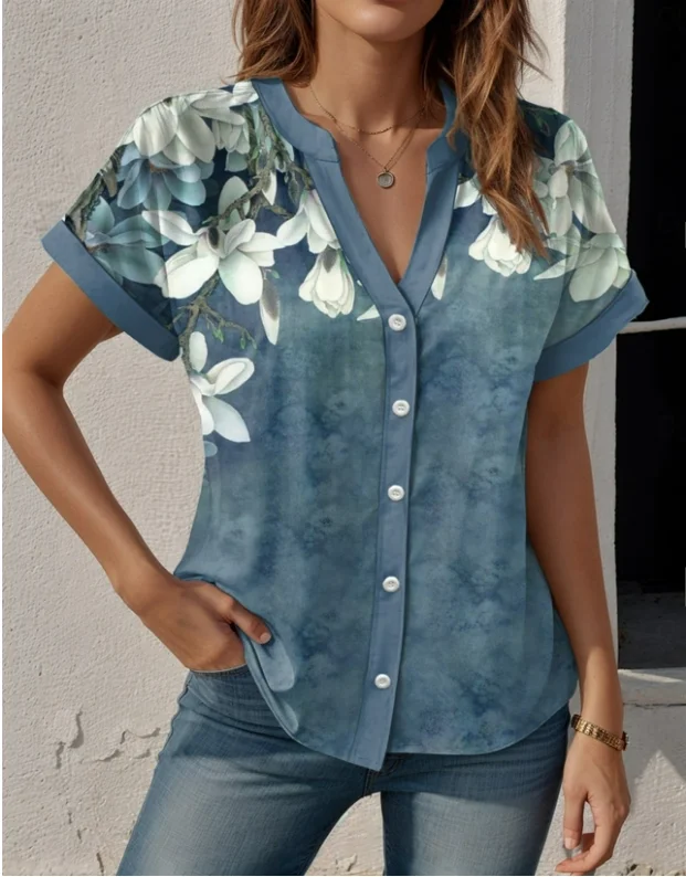 Women's Short Sleeve Shirt Summer Floral Printing V Neck Daily Going Out Casual Top