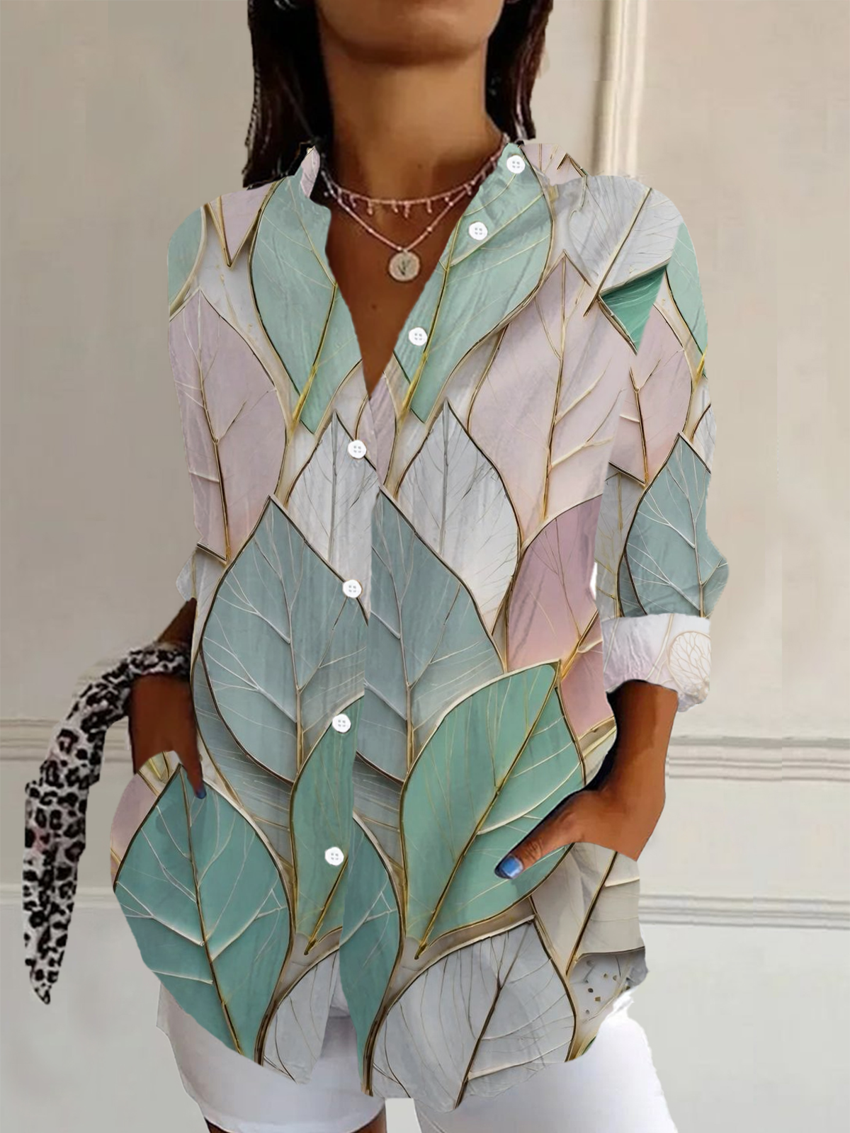 Women's Long Sleeve Shirt Spring/Fall Leaf Buckle Shirt Collar Daily Going Out Casual Top