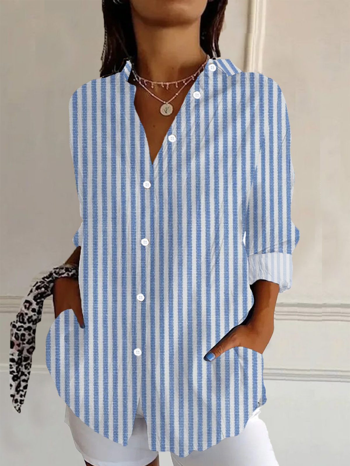 Women's Long Sleeve Shirt Spring/Fall Striped Buckle Shirt Collar Daily Going Out Casual Top