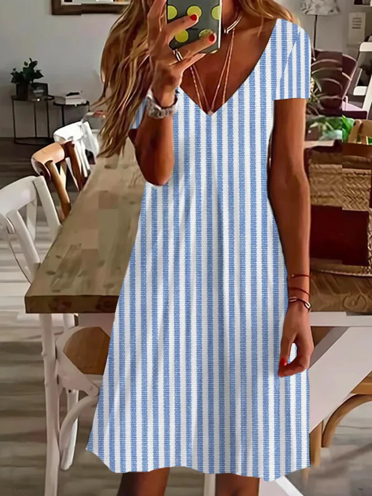 Women's Short Sleeve Summer Striped Printing Dress V Neck Daily Going Out Casual Knee Length T-Shirt Dress H-Line Dress