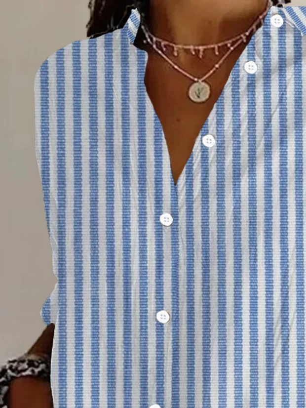 Women's Long Sleeve Shirt Spring/Fall Striped Buckle Shirt Collar Daily Going Out Casual Top