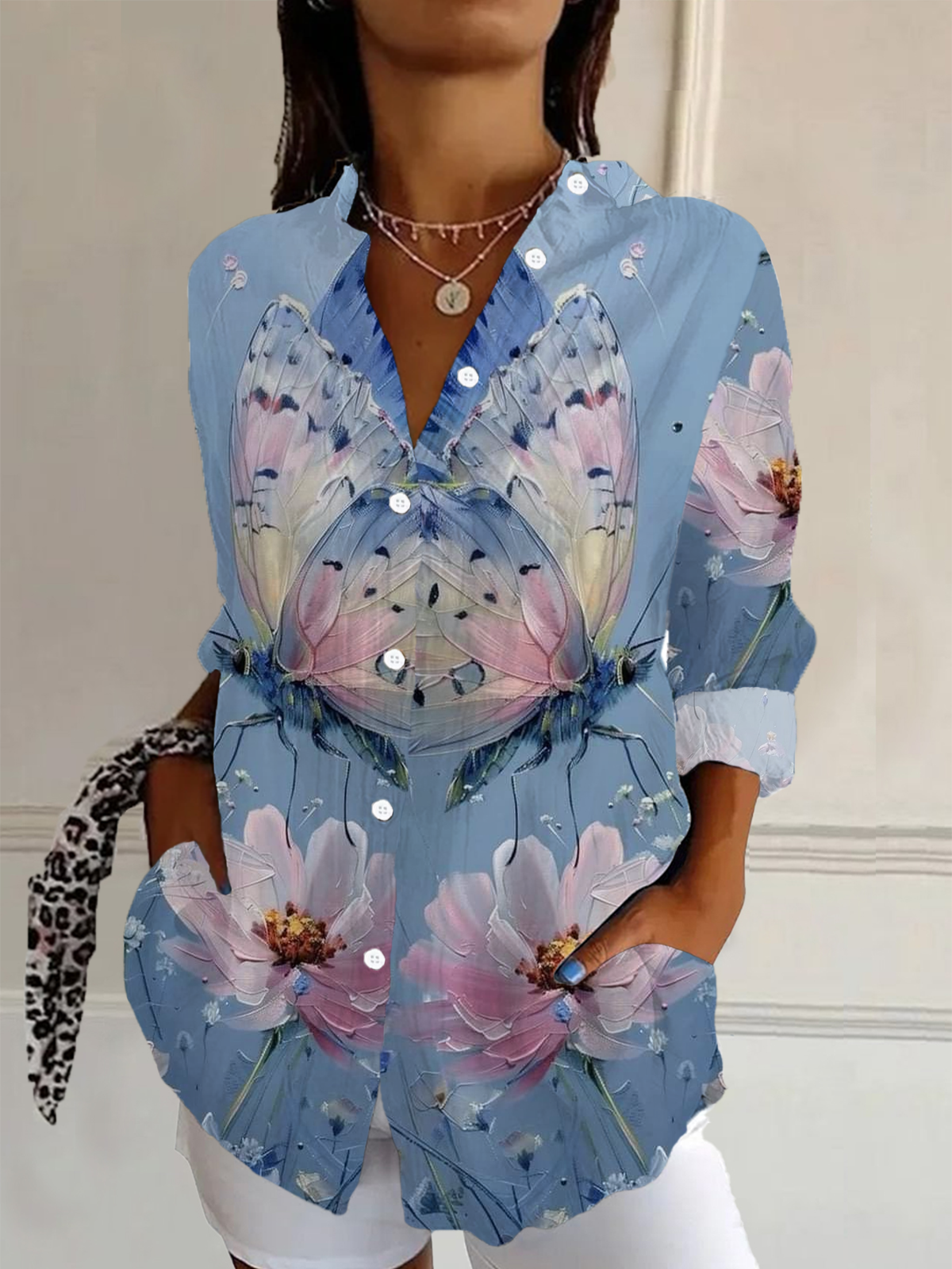 Women's Long Sleeve Shirt Spring/Fall Floral Buckle Shirt Collar Daily Going Out Casual Top