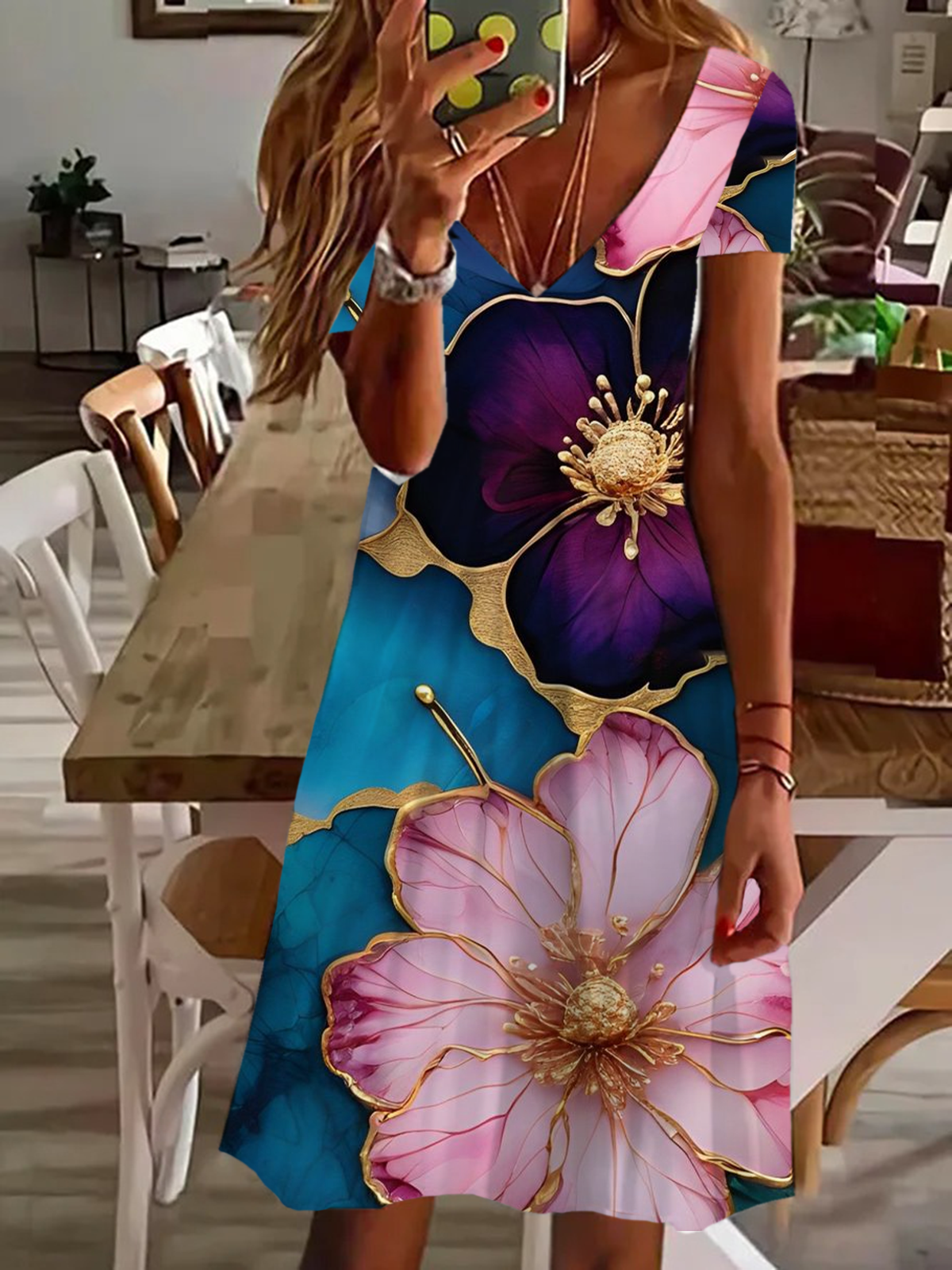 Women's Short Sleeve Summer Floral Printing Dress V Neck Daily Going Out Casual Knee Length T-Shirt Dress H-Line Dress