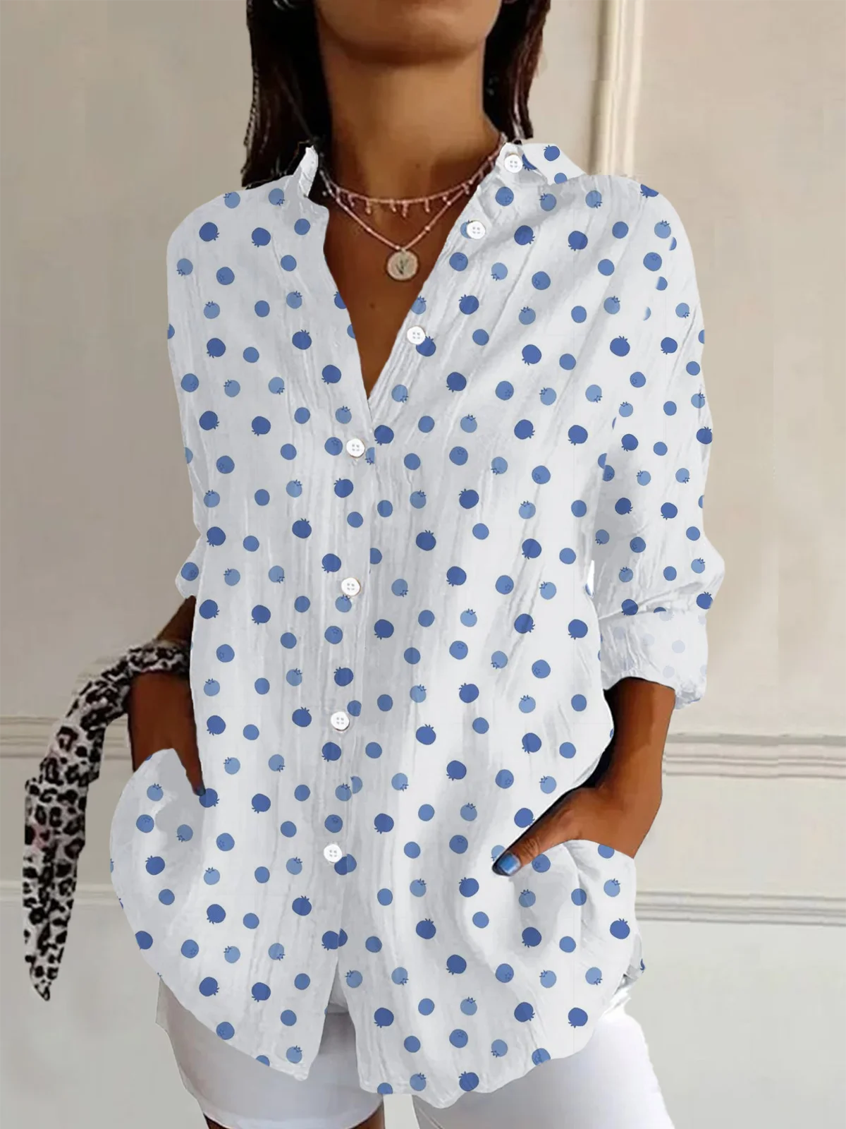 Women's Long Sleeve Shirt Spring/Fall Polka Dots Buckle Shirt Collar Daily Going Out Casual Top