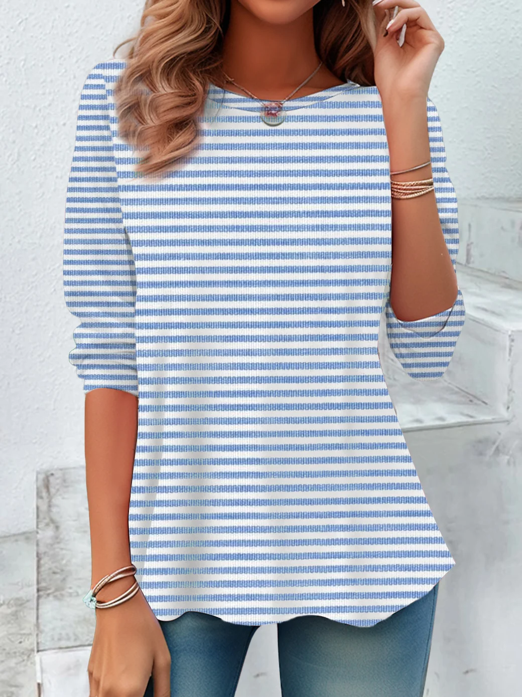 Women's Long Sleeve Tee T-shirt Spring/Fall Striped Printing Crew Neck Casual Graphic Tee Top