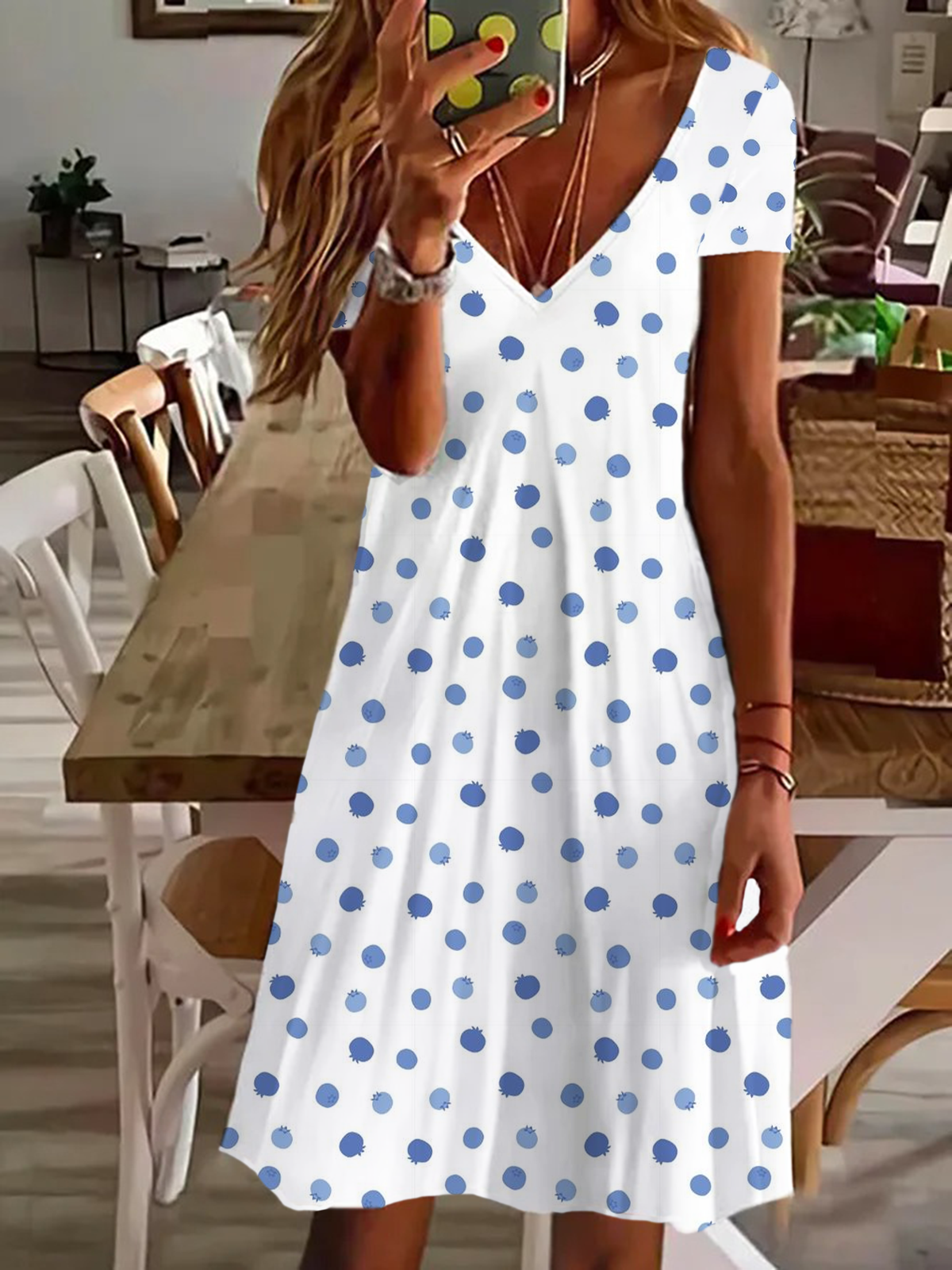 Women's Short Sleeve Summer Polka Dots Printing Dress V Neck Daily Going Out Casual Knee Length T-Shirt Dress H-Line Dress