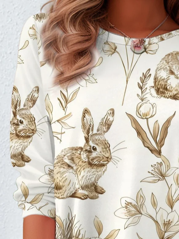 Women's Long Sleeve Tee T-shirt Spring/Fall Easter (rabbit) Printing Crew Neck Casual Graphic Tee Top