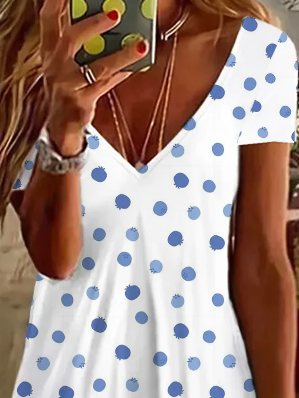 Women's Short Sleeve Summer Polka Dots Printing Dress V Neck Daily Going Out Casual Knee Length T-Shirt Dress H-Line Dress