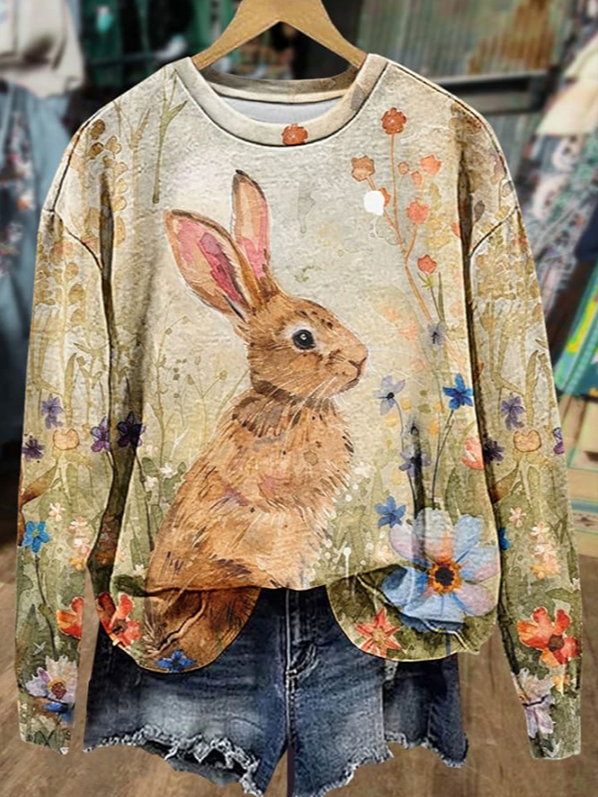 Women's Crew Neck Easter (rabbit) Printing Casual Spring/Fall Long Sleeve Sweatshirt