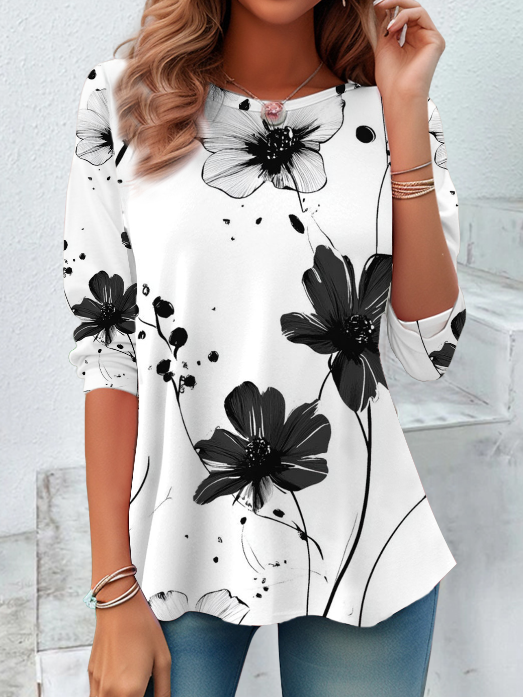 Women's Long Sleeve Tee T-shirt Spring/Fall Floral Printing Crew Neck Casual Graphic Tee Top