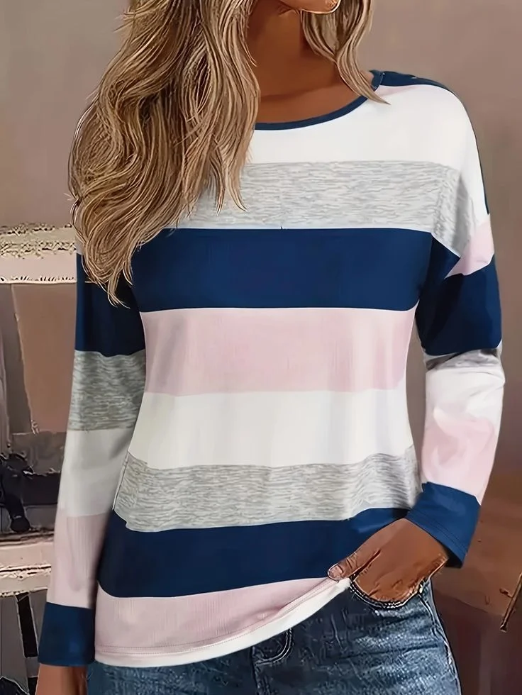 Women's Long Sleeve Tee T-shirt Spring/Fall Striped Printing Crew Neck Casual Graphic Tee Top