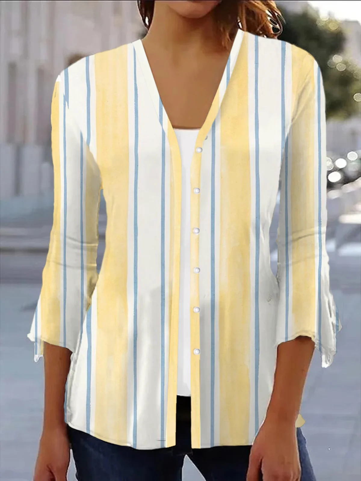 Women's Spring/Fall Cover-up Casual Striped Printing Lightweight Cardigan